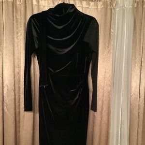 Luxe black velvet draped  fitted midi dinner dress with belt.